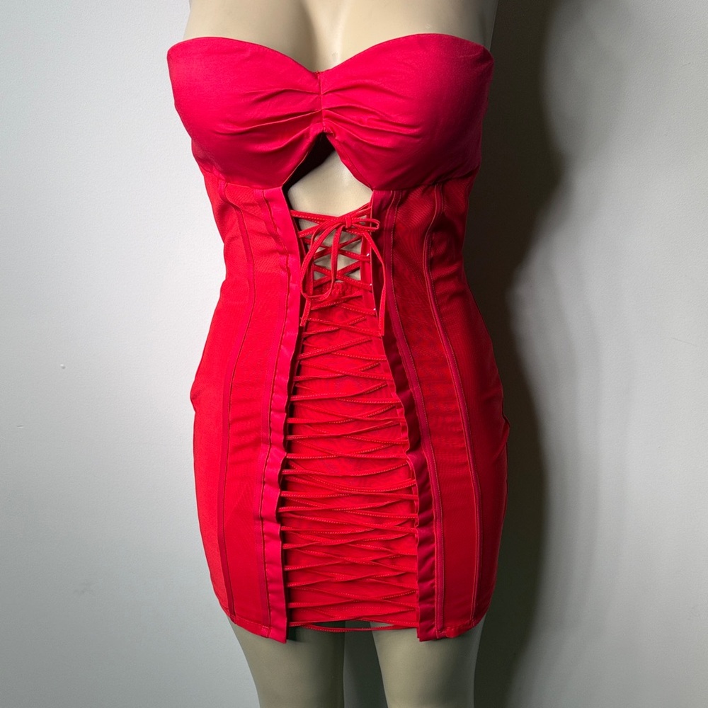 Oh Polly Hot Pink Strapless Lace-Up Mini Dress NWT